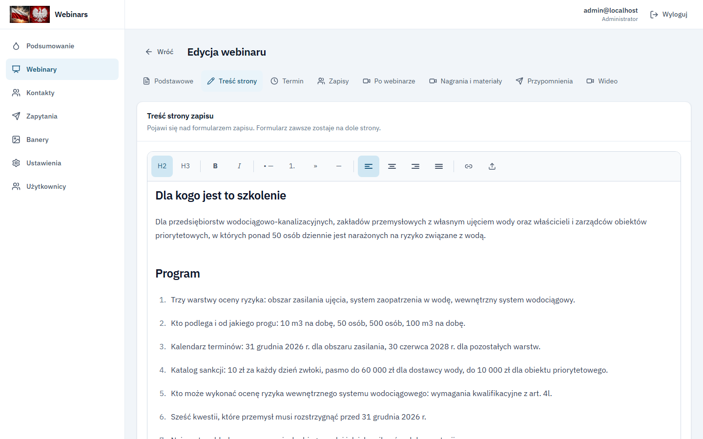 Zakładka Treść strony. Edytor wizualny z programem szkolenia. Numerację listy nadaje edytor.