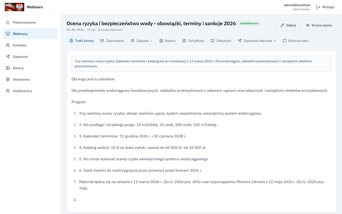 Karta webinaru. Osiem zakładek zbiera wszystko, co należy do jednego wydarzenia.