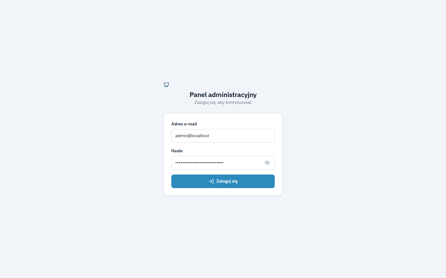 Ekran logowania. Login to wartość ADMIN_EMAIL z pliku .env.